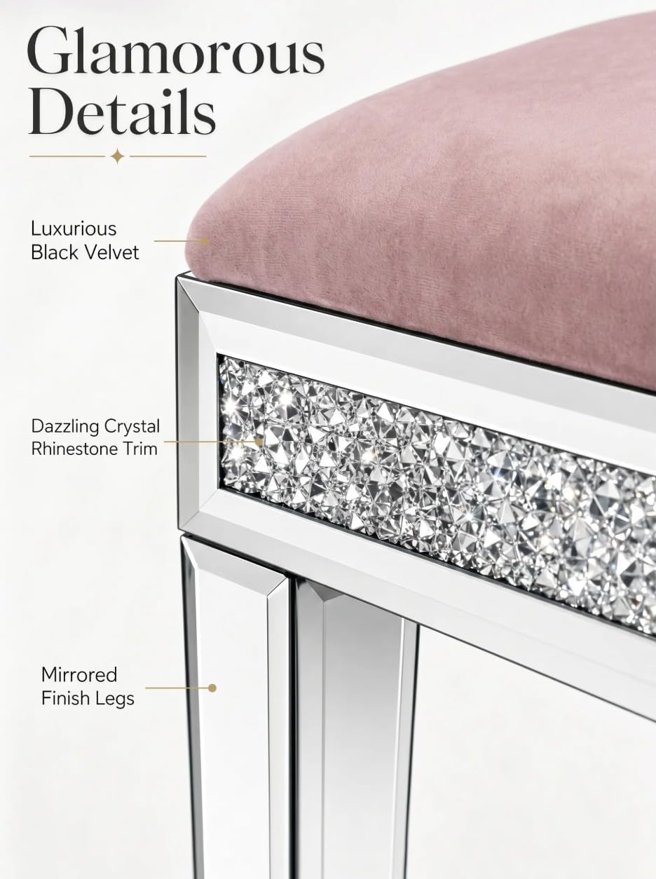 Vanity Stool with Storage – Mirrored Legs, Velvet Cushioned Ottoman, Hidden Compartment, Sparkling Diamond Trim, Glam Makeup Chair & Piano Bench - Silver (Dusty-Pink)
