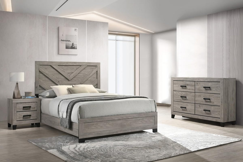 Furniture Rustic Charm Bedroom Set with Chevron Panel Headboard