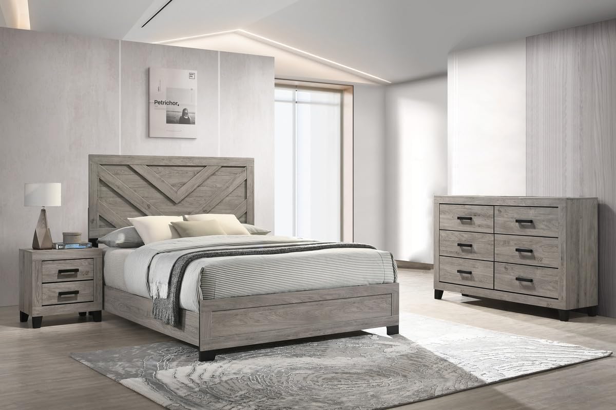 Furniture Rustic Charm Bedroom Set with Chevron Panel Headboard