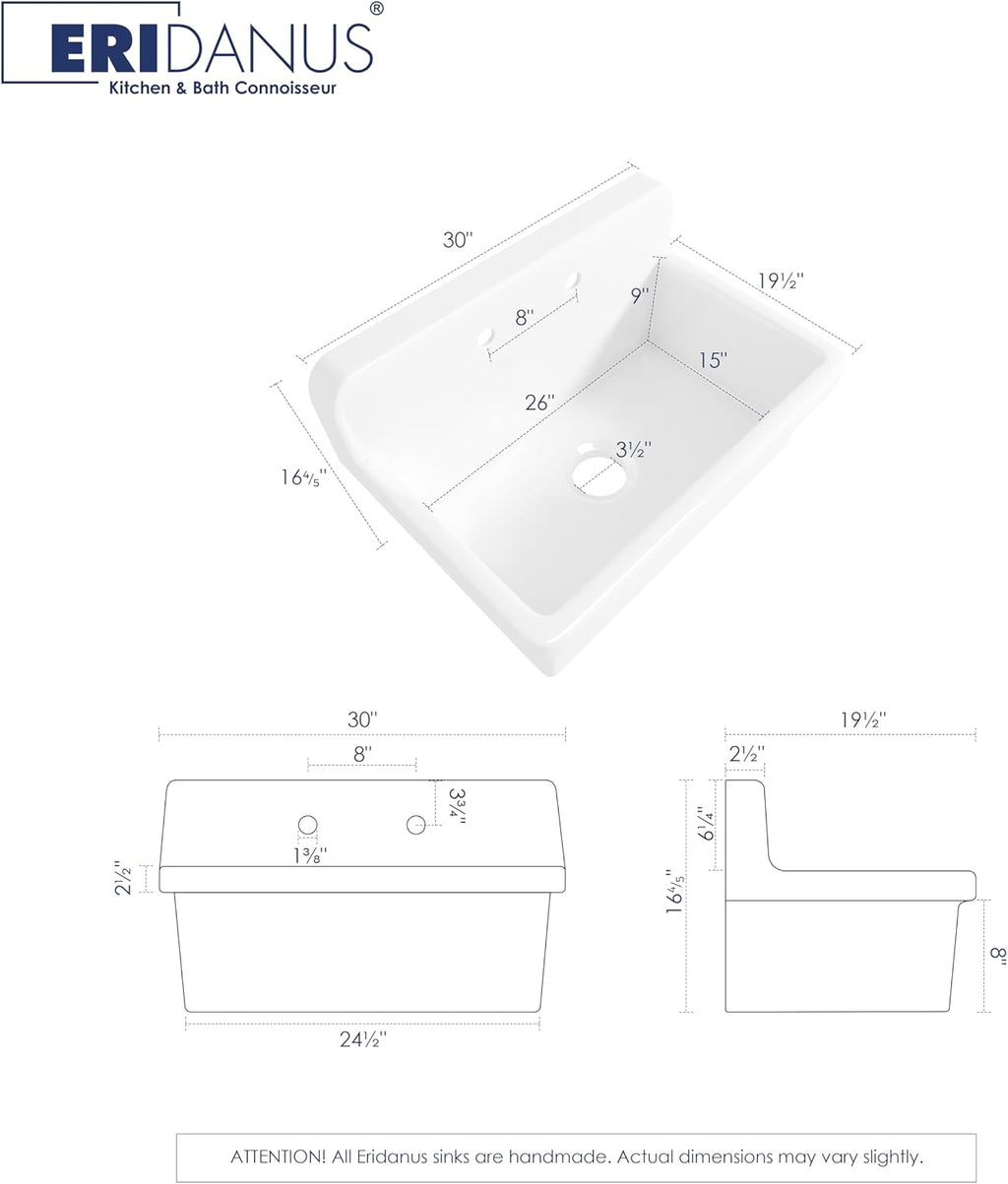 Eridanus 30 Inch Utility Sink, Wall Mount Laundry Sink, Modern Bathroom Basin, Farmhouse Kitchen Sink Drop-in, Floating Porcelain Ceramic Tub High Back for Garage, Washing Room, Workshop 30'x19'x17'