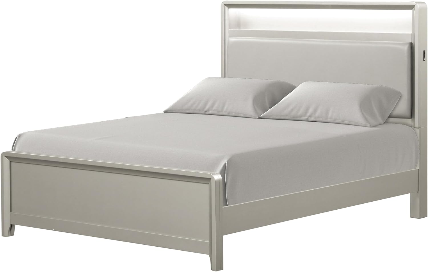Furniture of America Standin Modern Solid Wood 5-Piece Bedroom Set with LED on Bookcase Headboard, USB-A and USB-C on Both Sides, Brushed Nickel Finish, Box Spring Needed, Full, Champagne