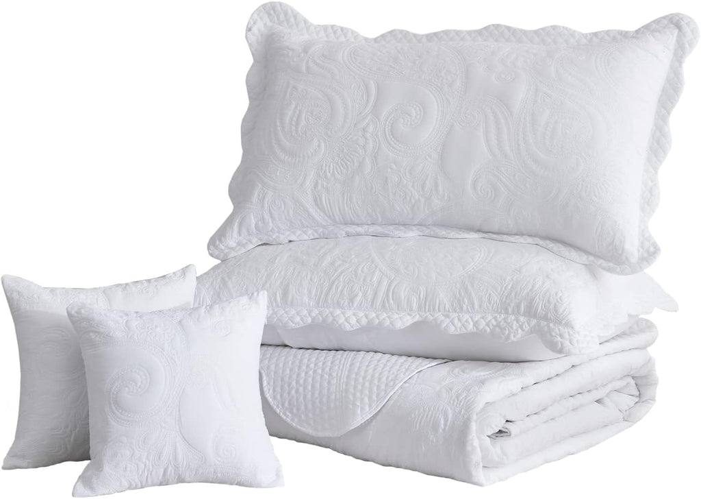 Oversized King Bedspread, Paisley Pattern Design, Lightweight Bedding Cover, Reversible, 5 Piece, 100% Microfiber, Pure White