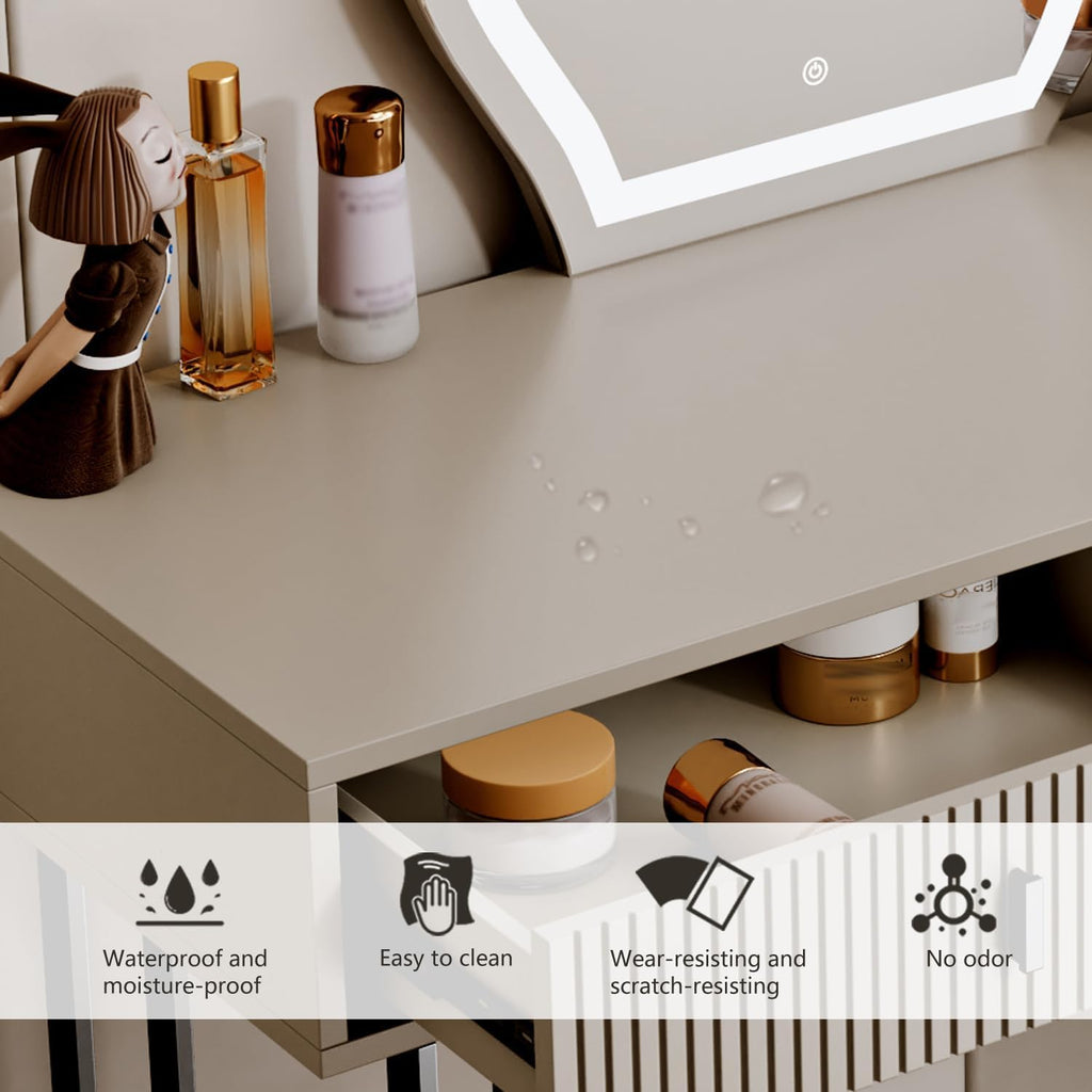 Ieejdn Morandi Gray Vanity Desk with Mirror and Lights,Small Makeup Vanity with 2 Drawers，Modern Makeup Table with Adjustable Cabinet for Bedroom,Makeup Room