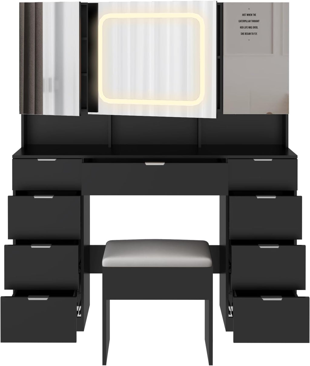 VINGLI 47'' Vanity Desk with LED Lighted Large Mirror & Cushioned Stool, Makeup Set with 3 Mirrored Cabinets & Lighting in 3 Colors & 9 Drawers & Charging Station for Bedroom, Black
