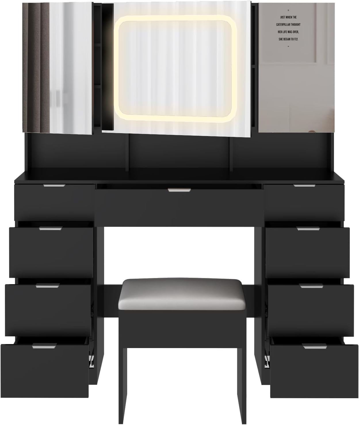 VINGLI 47'' Vanity Desk with LED Lighted Large Mirror & Cushioned Stool, Makeup Set with 3 Mirrored Cabinets & Lighting in 3 Colors & 9 Drawers & Charging Station for Bedroom, Black