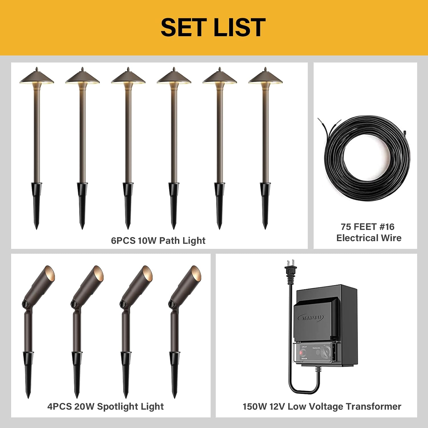 Malibu Low Voltage Landscape Lights Kit Outdoor Pathway Lighting 12V spot Lights 10 Pack with Electrical Wire and Low Voltage Transformer for Outdoor Garden Driveway 8308-9903-10, Bronze
