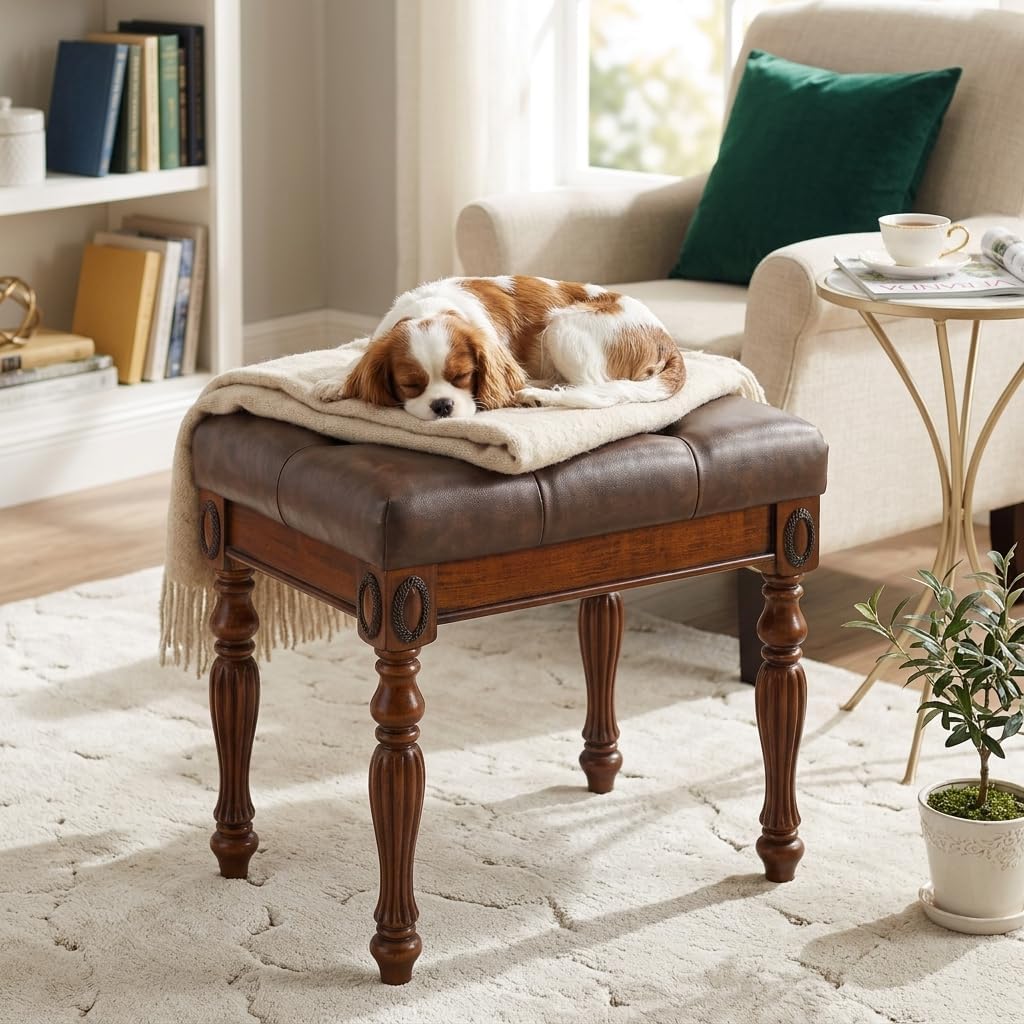 Vanity Stool Bench for Makeup Room, Upholstered Piano Bench with Faux Leather, Shoe Bench with Carved Wood Leg, 18.5' x 14.2' x 19.1' Bed End Benchs, Tool-free Assembly, Walnut &Cherry Brown FD1533BN