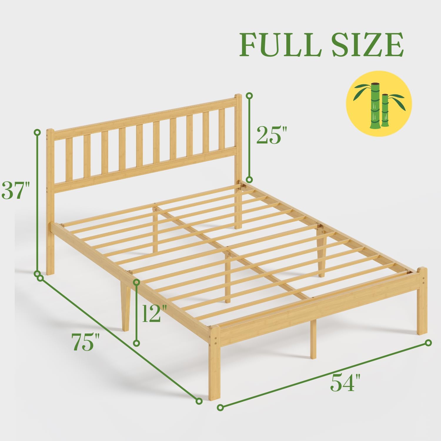 12 in High Solid Bamboo Wood Full Bed Frame with Headboard, Platform Full Size Bed Frame, Heavy Duty, No Box Spring Needed, Nosie Free