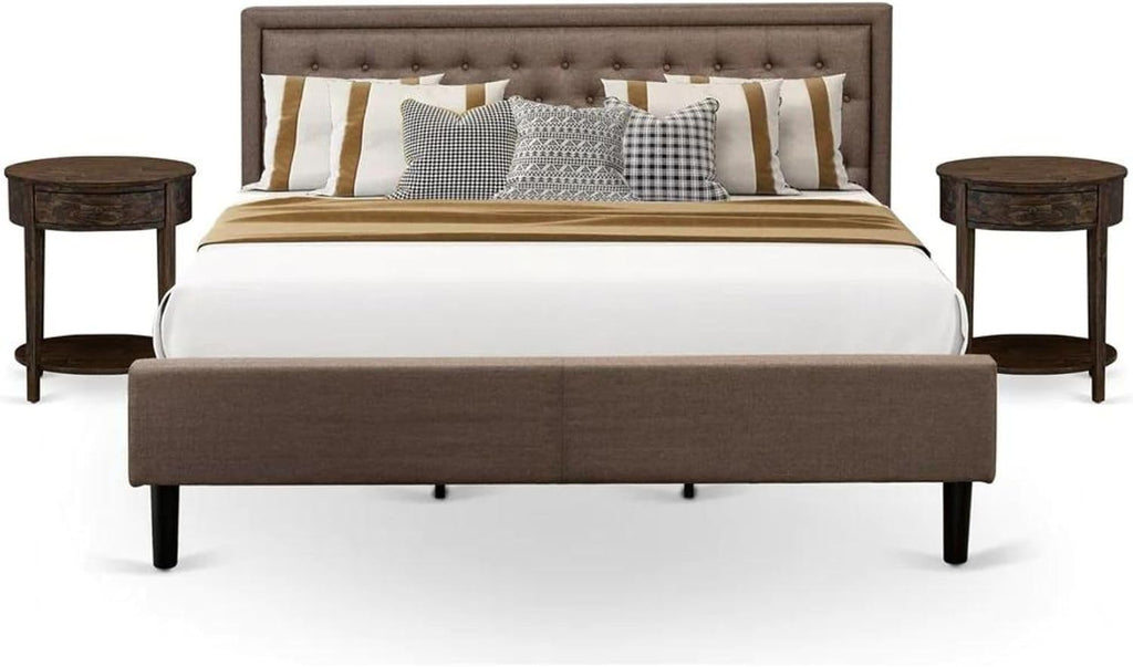East West Furniture KD18K-2HI07 3 Piece Bed Set - 1 King Bed Brown Linen Fabric Padded and Button Tufted Headboard with 2 nightstands - Distressed Jacobean Finish Nightstand