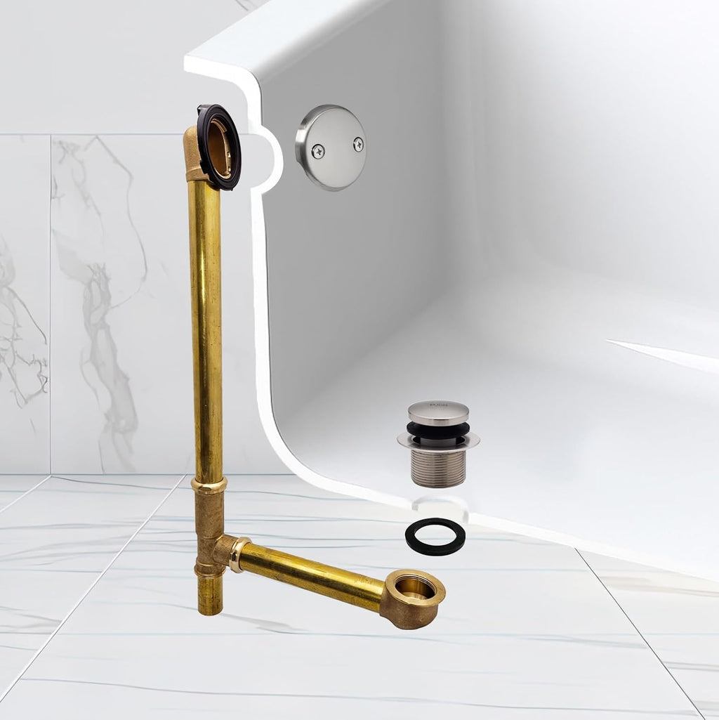 Westbrass A326-07 22-1/2' Brass Bath Waste & Overflow Assembly with Tip-Toe Drain Plug and 2-Hole Faceplate, Satin Nickel