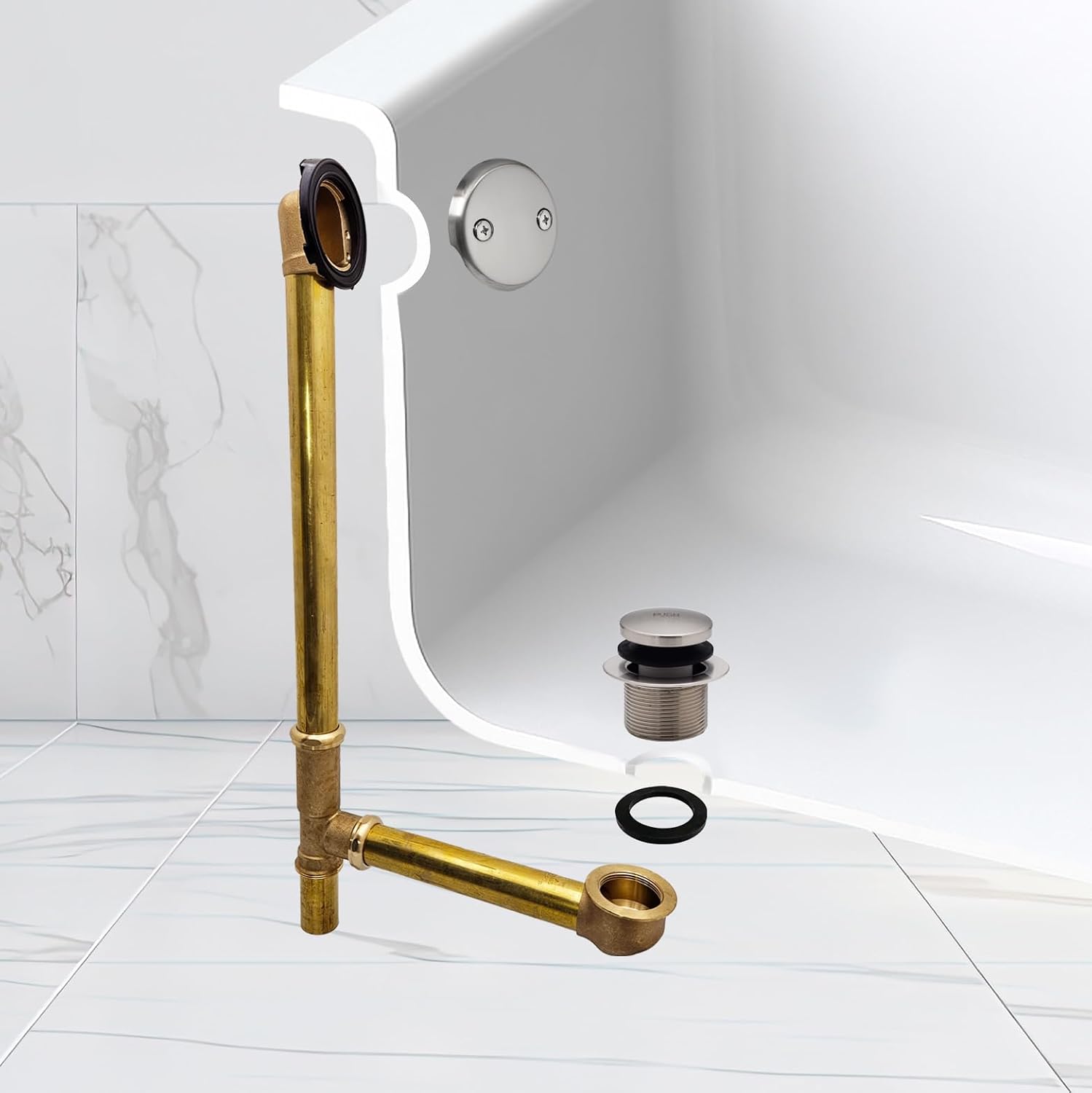 Westbrass A326-07 22-1/2' Brass Bath Waste & Overflow Assembly with Tip-Toe Drain Plug and 2-Hole Faceplate, Satin Nickel