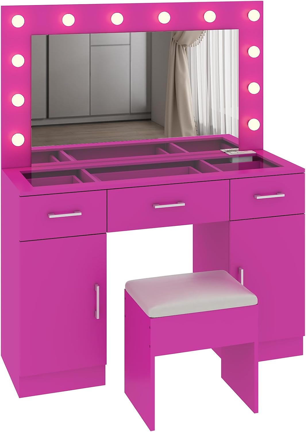 VINGLI Vanity Desk with LED Lighted Mirror & Padded Stool, Makeup Table with Drawers & Cabinets & Power Outlet & Glass Top & 12 Light Bulbs with 3 Colors for Dressing Room Bedroom, Bright Pink