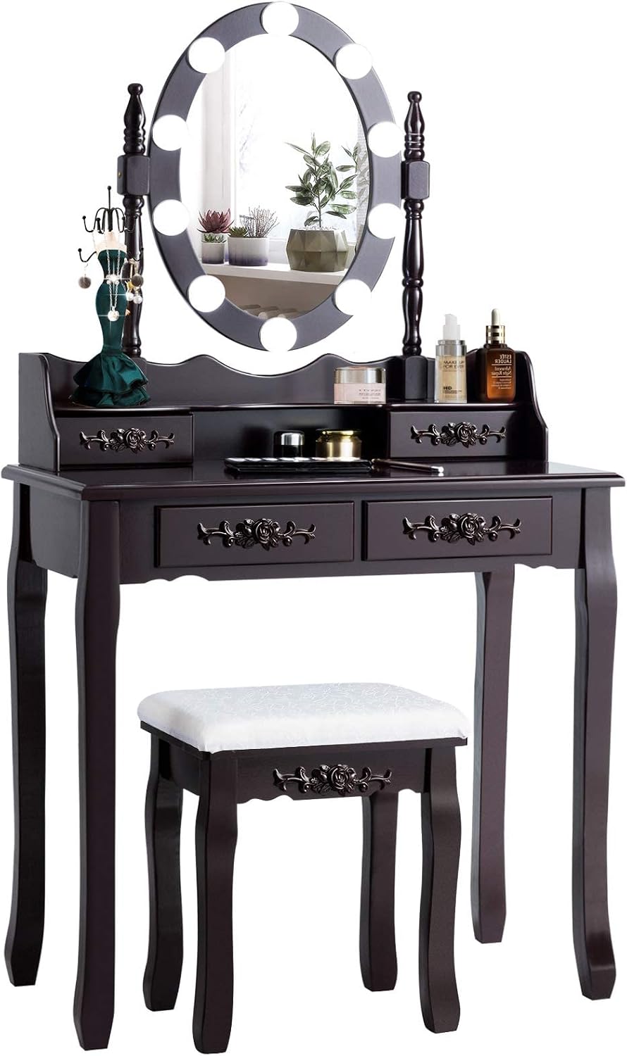 Giantex Makeup Vanity Table with 10 LED Lights, Adjustable Brightness, 3 Color Light Modes, 4 Drawers, Rotatable Mirror, Cushioned Stool, Vanity Desk Dressing Table Bedroom Furniture (Espresso)