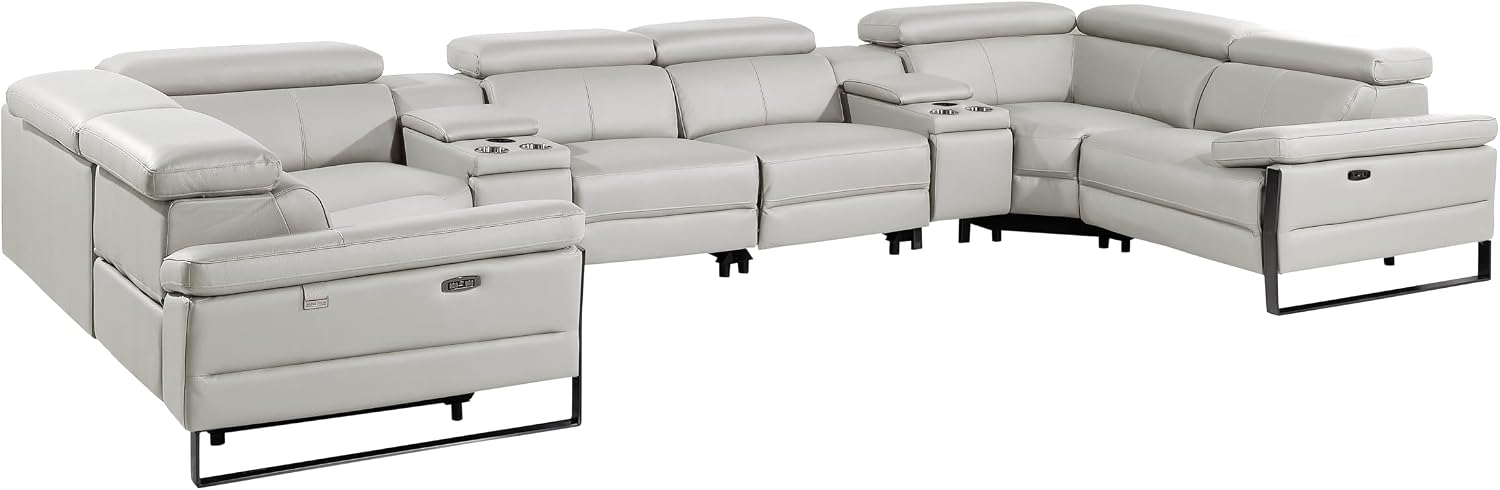 BlackJack Furniture Antonio 8 Piece U Shaped Power Reclining Sectional Sofa, Modular Couch with Top Grain Italian Leather, 4 Electric Recliners, USB & Wireless Chargers, Storage Console, Light Grey