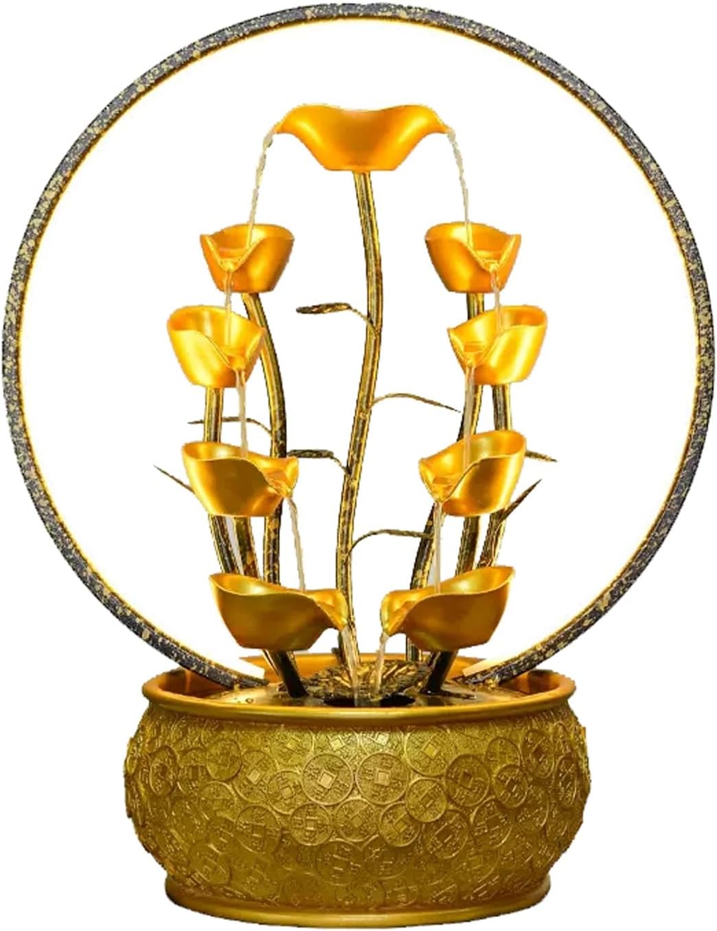 Tabletop Fountain Indoor Fountain Tabletop Waterfall Fountains Relaxation Water Feature Feng Shui Good Luck Wealth Desktop with Light Home and Office Decor, Gold(Large)