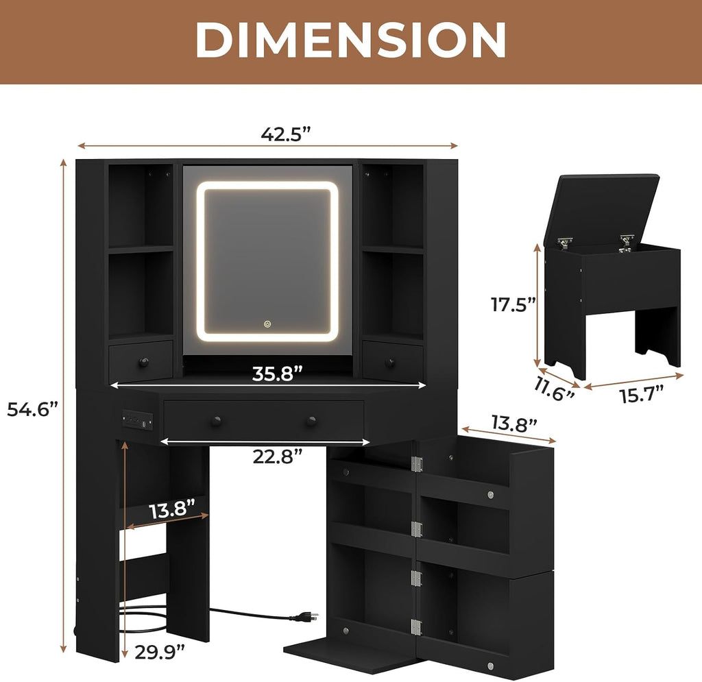 HAUOMS Vanity Desk with Mirror Lights, Storage Bench & Power Outlet, Corner Vanities with Rotating Cabinet & Drawers, 3 Light Settings Vanity Set, for Women Girls, Black