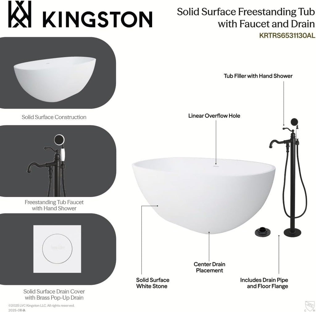 Kingston Brass KRTRS6531135AL 65' Solid Surface Oval Double Ended Freestanding Tub with Faucet Combo and Drain, Oil Rubbed Bronze