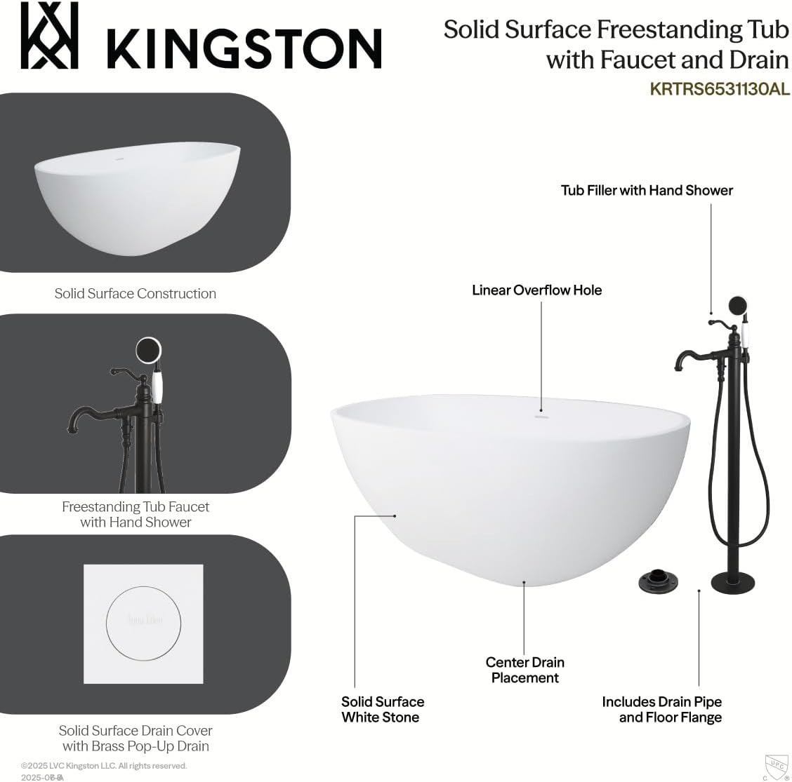 Kingston Brass KRTRS6531135AL 65' Solid Surface Oval Double Ended Freestanding Tub with Faucet Combo and Drain, Oil Rubbed Bronze