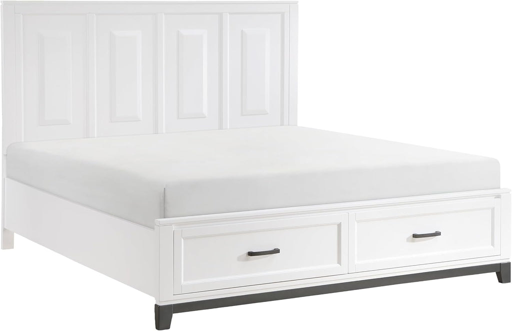 5 Pieces King Size Bedroom Set White Finish Platform Bed with Storage Footboard Wooden Furniture