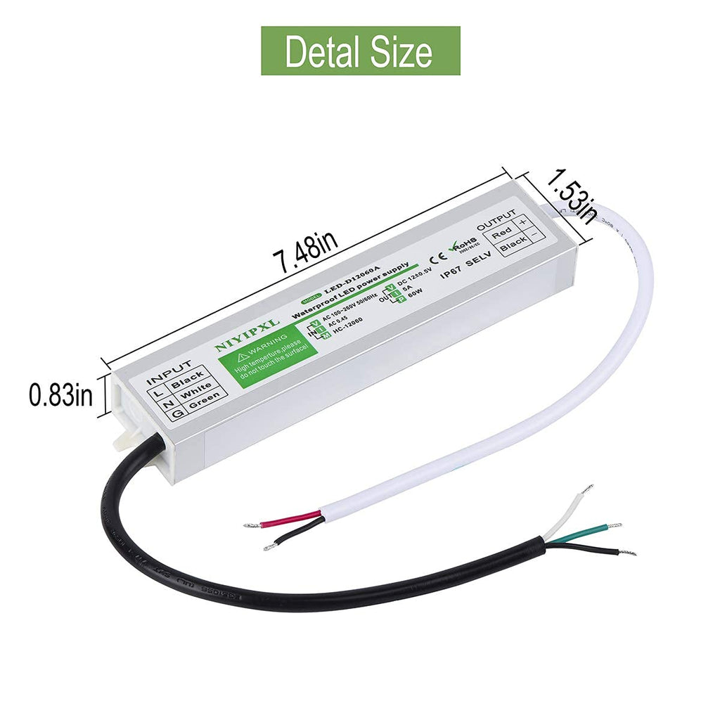 （Pack of 6） LED Driver 60 Watts Waterproof IP67 Power Supply Transformer Adapter 100V-260V AC to 12V DC Low Voltage Output for LED Light, Computer Project, Outdoor Light and Any 12V DC led Lights