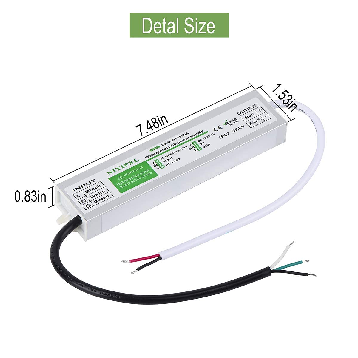 （Pack of 6） LED Driver 60 Watts Waterproof IP67 Power Supply Transformer Adapter 100V-260V AC to 12V DC Low Voltage Output for LED Light, Computer Project, Outdoor Light and Any 12V DC led Lights
