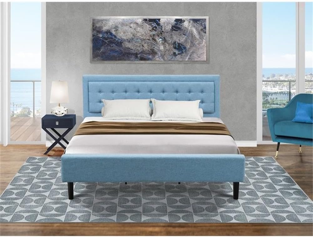 East West Furniture FN11K-1HA15 2-Piece Fannin King Size Bed Set with 1 Bed Frame and a Navy Blue Small Nightstand - Reliable and Sturdy Construction - Denim Blue Linen Fabric Bed