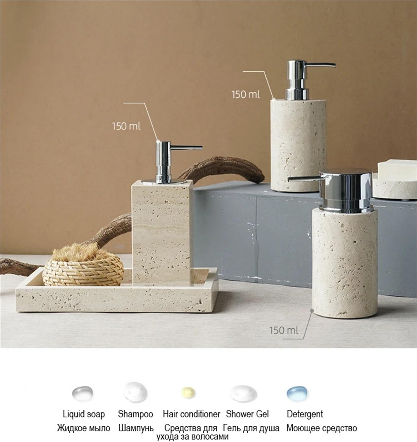 Beige Travertine Bathroom Accessories Set Natural Marble Soap Dispenser Soap Reed Diffuser Vanity Tray Kit Bathroom(Color-09)
