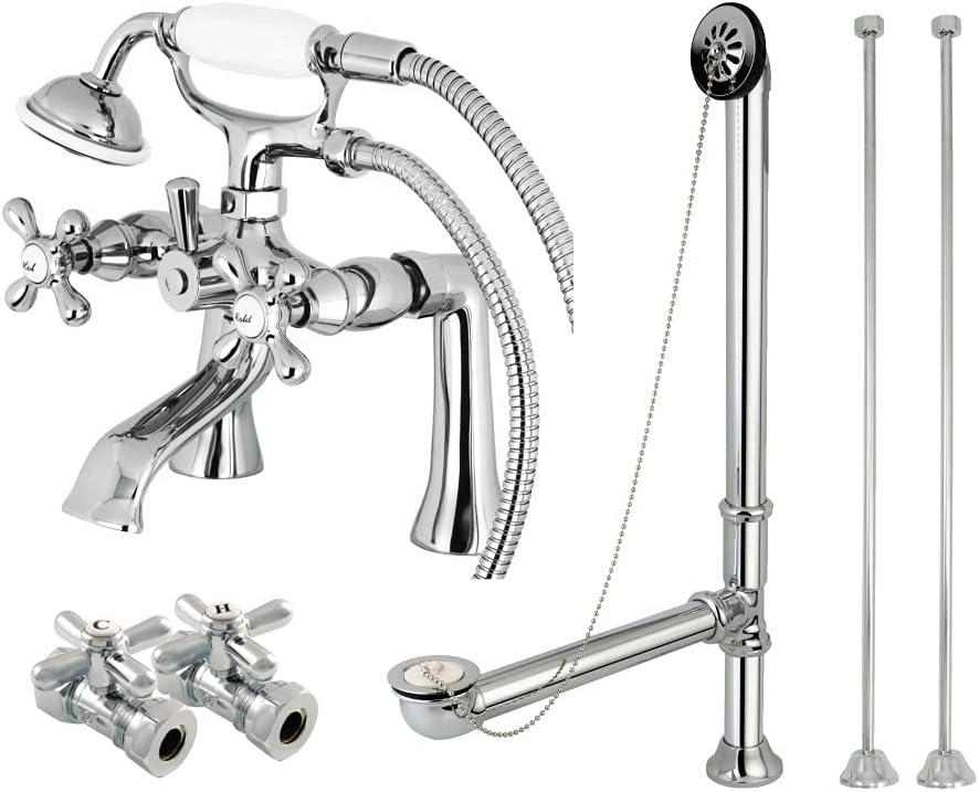Kingston Brass CCK268C Vintage Deck Mount Clawfoot Tub Faucet Package with Supply Line, Hand Shower and Tub Drain, Polished Chrome