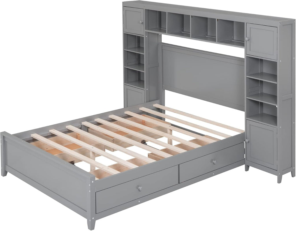 Harper & Bright Designs Full Size Platform Bed with Bookcase Headboard and 4 Storage Drawers, Solid Wood Bed Frame with Cabinet and Bookshelf, No Box Spring Needed - Gray