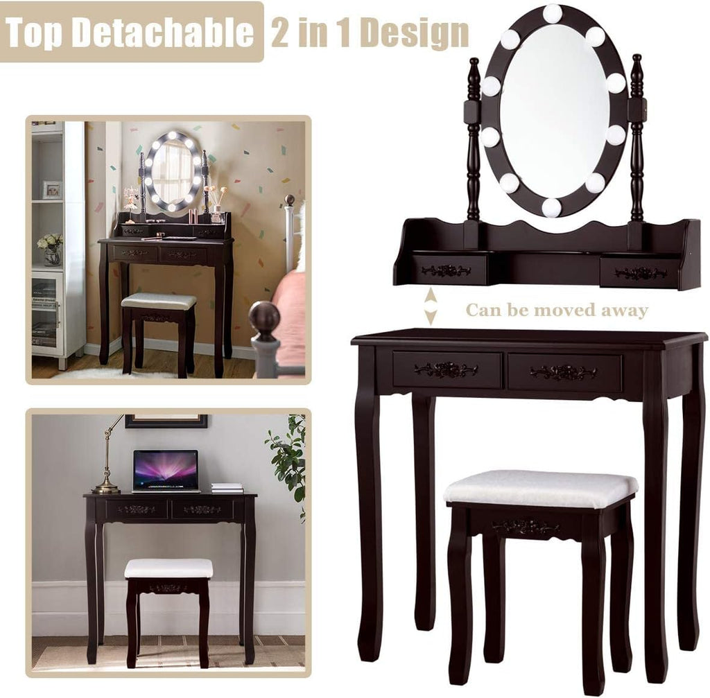 Giantex Makeup Vanity Table with 10 LED Lights, Adjustable Brightness, 3 Color Light Modes, 4 Drawers, Rotatable Mirror, Cushioned Stool, Vanity Desk Dressing Table Bedroom Furniture (Espresso)