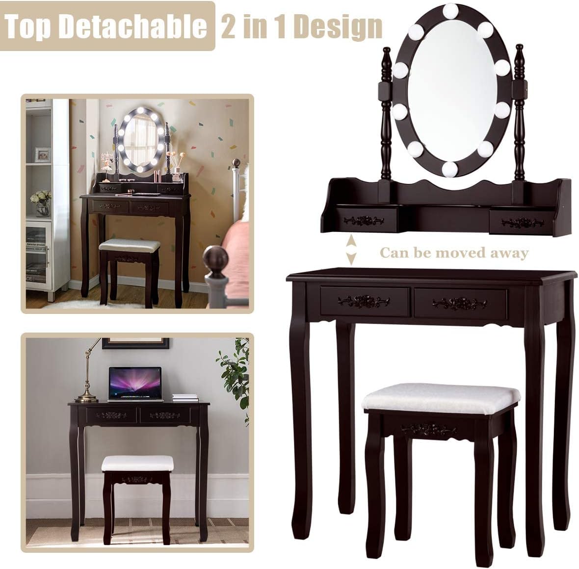 Giantex Makeup Vanity Table with 10 LED Lights, Adjustable Brightness, 3 Color Light Modes, 4 Drawers, Rotatable Mirror, Cushioned Stool, Vanity Desk Dressing Table Bedroom Furniture (Espresso)