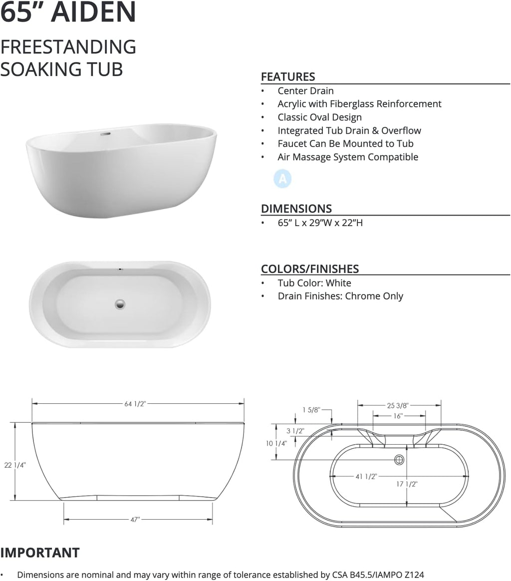 Carver Tubs - Aiden 65' - Modern White Freestanding Soaking Bathtub - w/LED Lights - White Acrylic Fiberglass Oval Bath Tub With Chrome Drain Overflow - Deep Relaxing Soak - 65″L x 29'W x 22'H