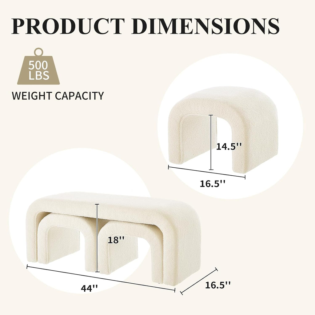 3-Piece Modern Ottoman Bench Set, 44' Wide Teddy Upholstered End of Bed Bench with 2 Foot Stools, Padded U-Shaped Entry Bench Vanity Stool for Living Room Bedroom (Cream)