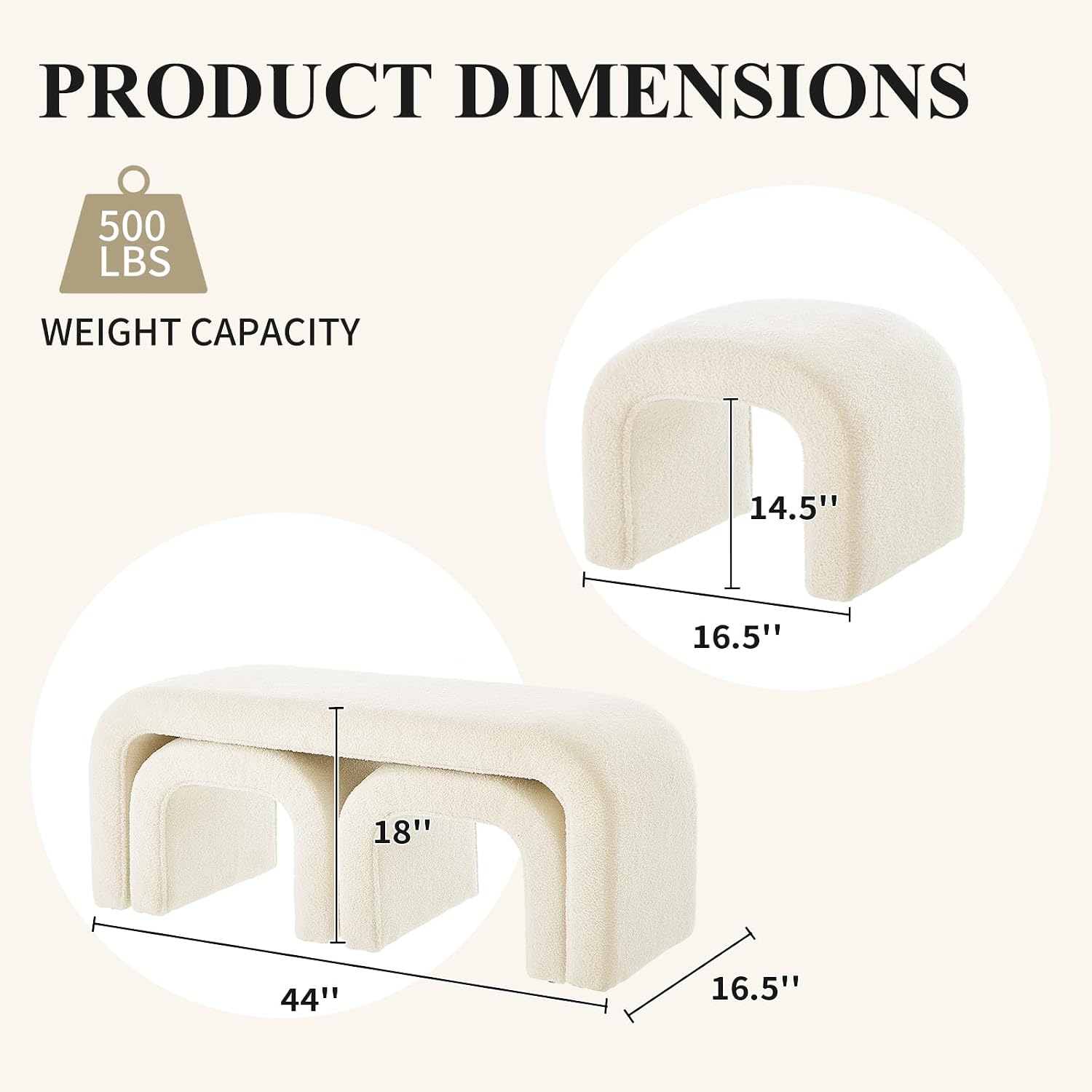 3-Piece Modern Ottoman Bench Set, 44' Wide Teddy Upholstered End of Bed Bench with 2 Foot Stools, Padded U-Shaped Entry Bench Vanity Stool for Living Room Bedroom (Cream)