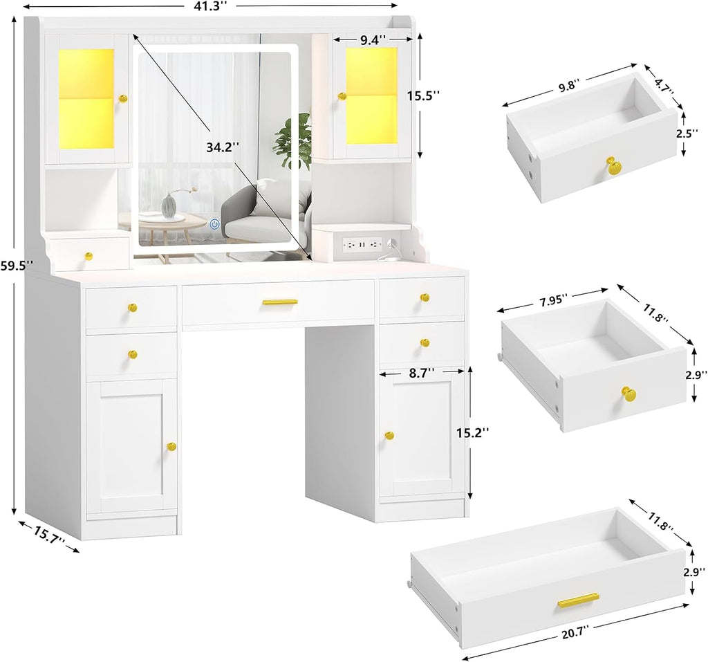 Vanity Desk with Mirror and Lights, White Makeup Vanity Table with Charging Station，Large Vanity Desk with 6 Drawers & 2 RGB Cabinet, Dressing Table Set with Lighted Mirror Adjustable, for Bedroom