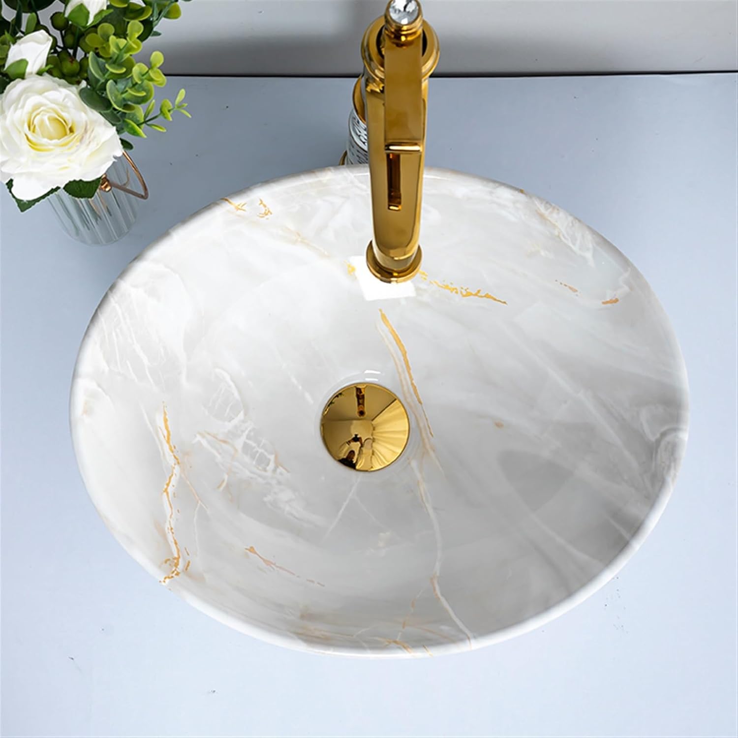 Vanity Sink Art Basin Small Bathroom Sinks High-grade Imitation Marble Texture Ceramic Countertop Basin Lavatory Washbasin with Accessories Bathroom Sink
