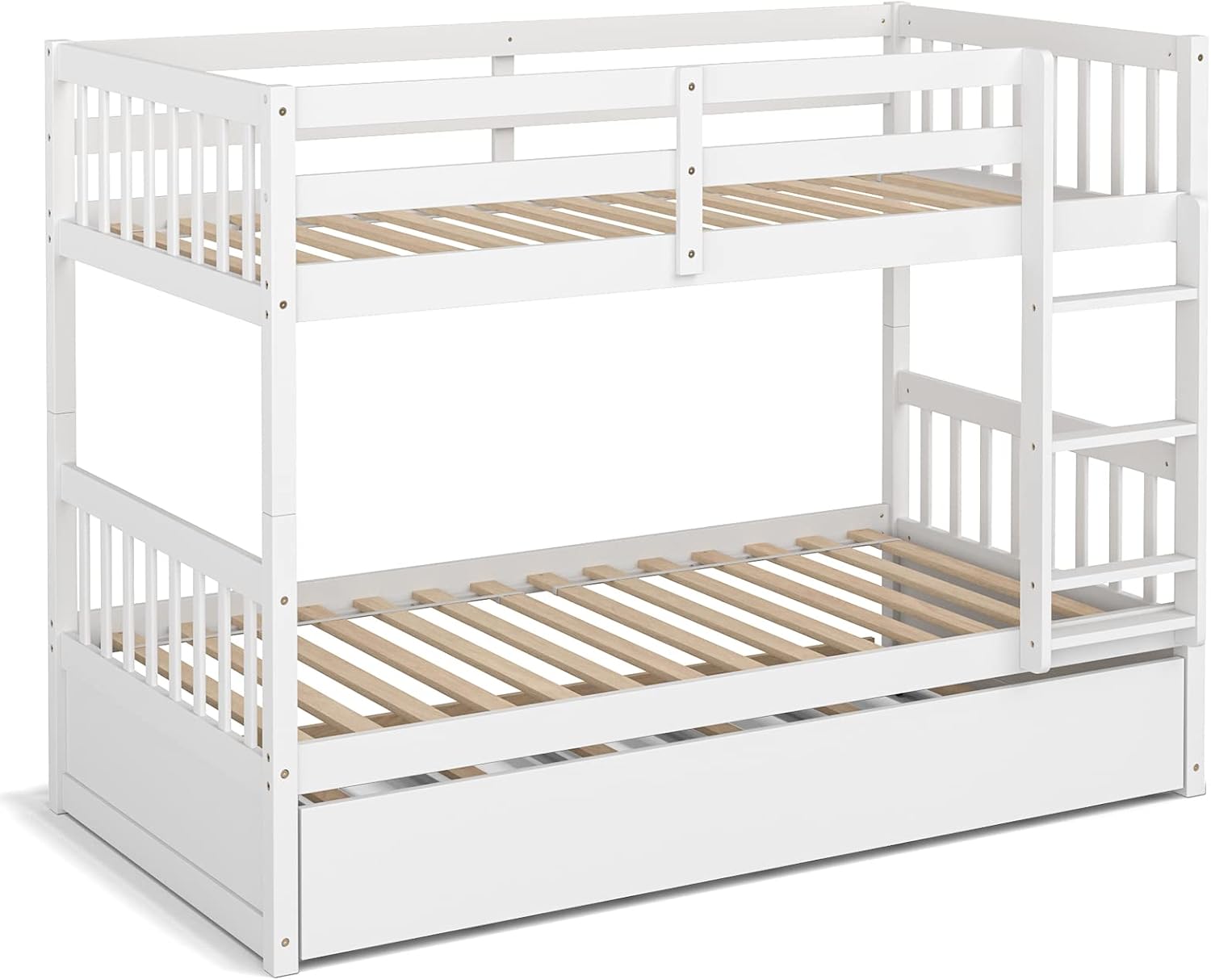 KOMFOTT Wood Twin Over Twin Bunk Bed with Trundle, Solid Pine Wood Bunk Bed Frame with Ladder & Safety Guardrails, Space-Saving Convertible Twin Bed Frame for Home & Dormitory, No Box Spring Needed