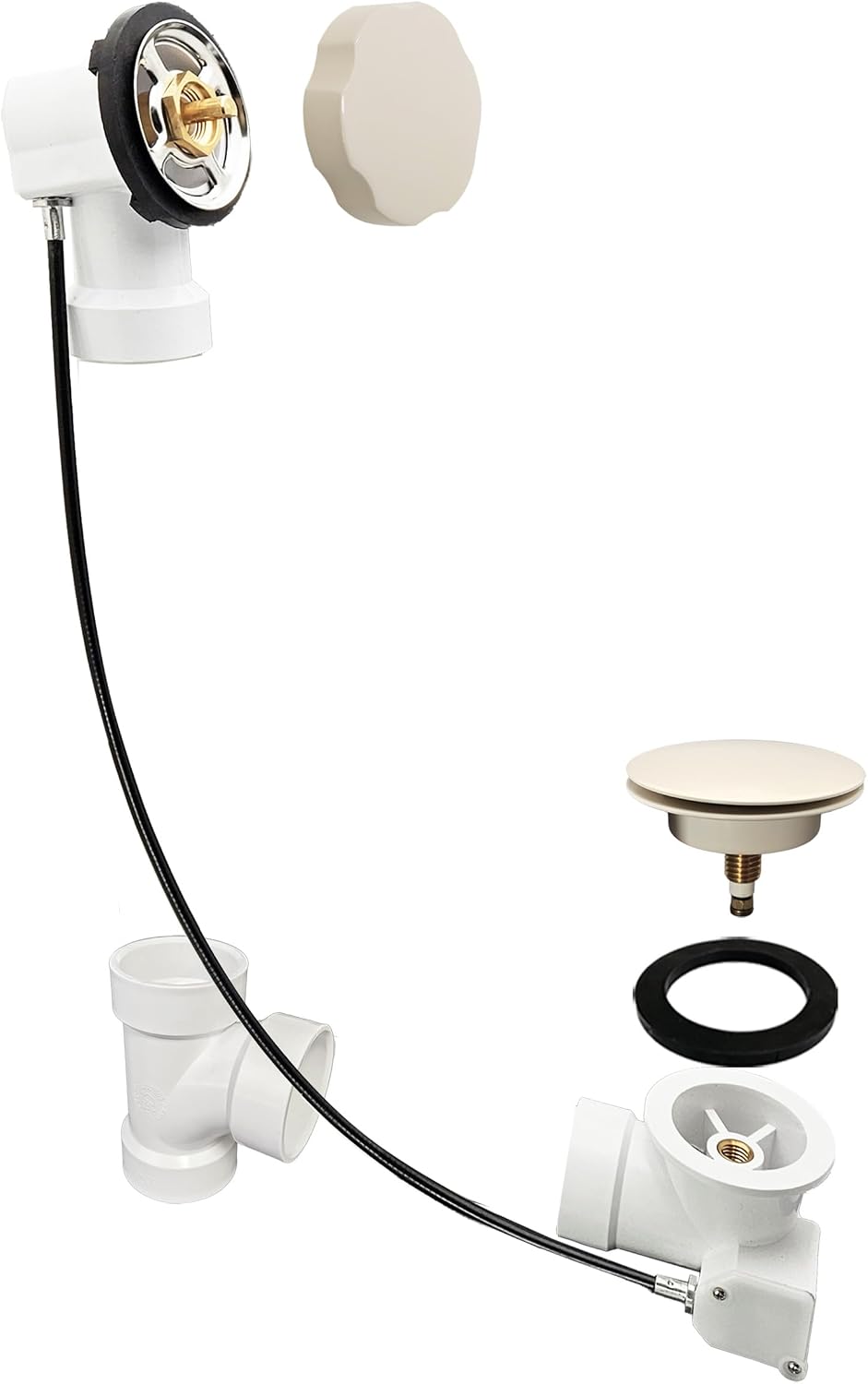 Westbrass D50P27-65 27' Cable Drive Standard Bath Drain Trim Kit with Rotary Overflow Cover Knob, Pop-Up Stopper and Sch. 40 PVC Fittings, Powder Coat Biscuit