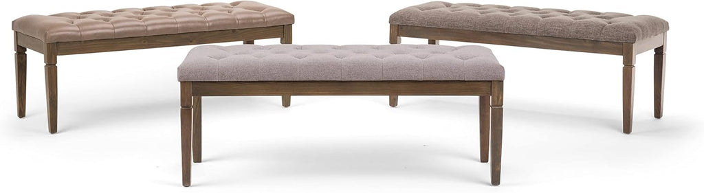 SIMPLIHOME Waverly Tufted Ottoman Bench - 48 inch Wide Upholstered Linen Look Fabric Rectangle Footstool Ottoman in Cloud Grey, Traditional Bench for Bedroom, Entryway or Living Room with Carved Legs