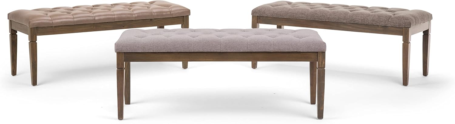 SIMPLIHOME Waverly Tufted Ottoman Bench - 48 inch Wide Upholstered Linen Look Fabric Rectangle Footstool Ottoman in Cloud Grey, Traditional Bench for Bedroom, Entryway or Living Room with Carved Legs