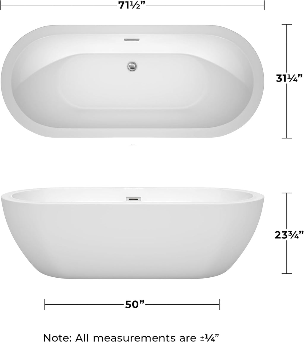 Soho 72 inch Freestanding Bathtub in White with Polished Chrome Drain and Overflow Trim