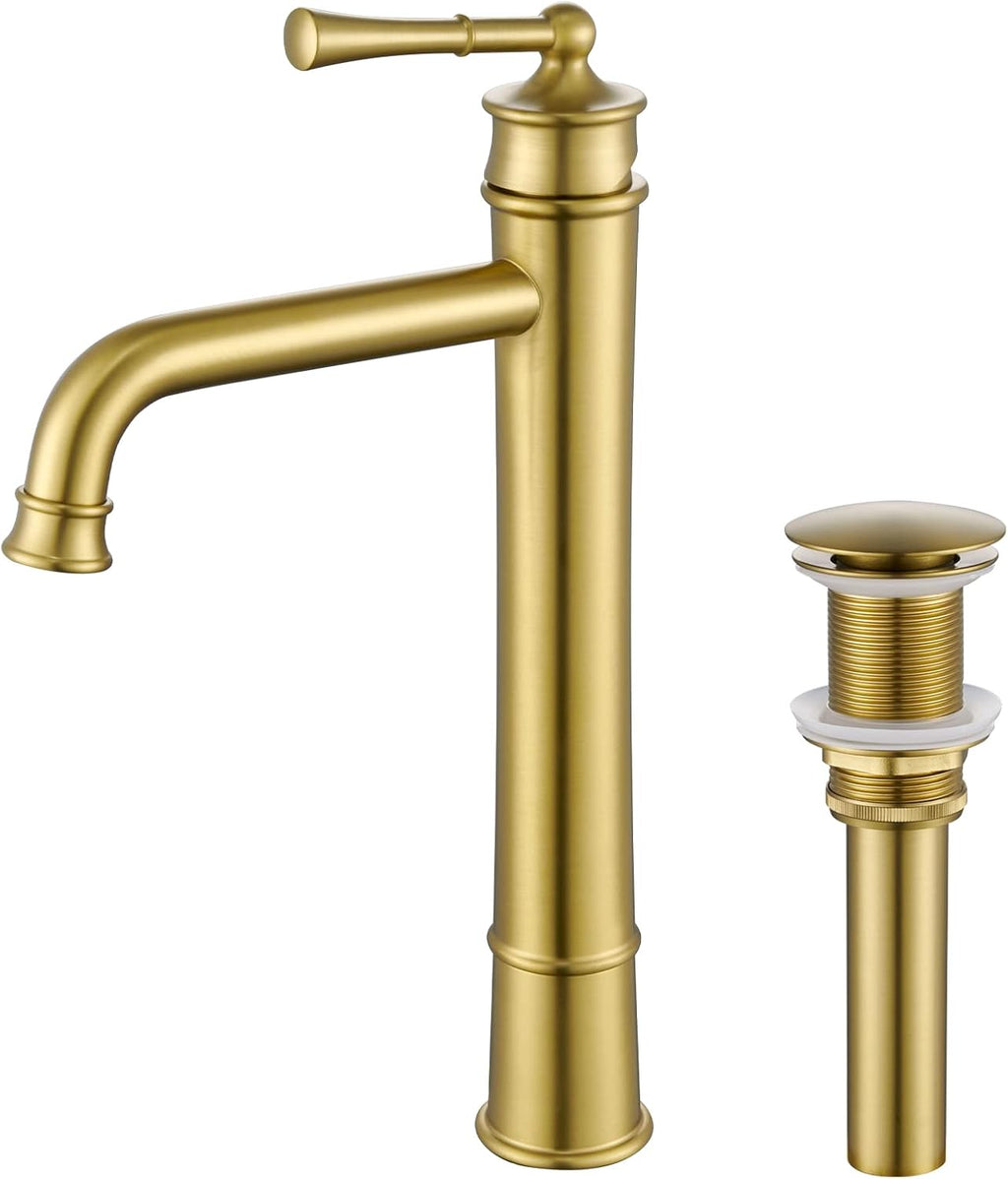 Vessel Sink Faucet Brushed Gold Tall Bathroom Faucet Deck Mount Single Handle One Hole Lavatory Vanity Faucet with Pop Up Drain Assembly Bathroom Sink Faucet for Mixer Bowl(L2302-BG)