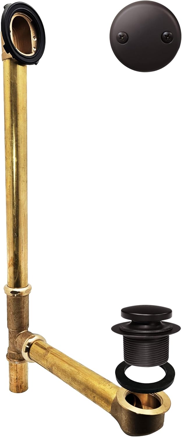 Westbrass A326-12 22-1/2' Brass Bath Waste & Overflow Assembly with Tip-Toe Drain Plug and 2-Hole Faceplate, Oil Rubbed Bronze
