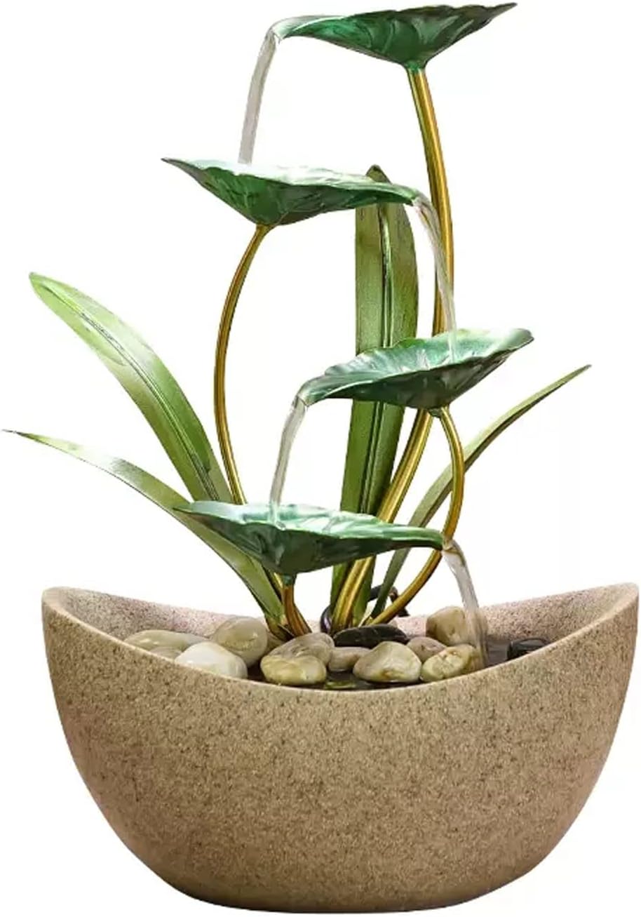 Desktop Fountain Tabletop Fountain Desktop 4-Tier Indoor Green Iron Lotus Leaf Relaxation Fountains Waterfall Office Home Decor