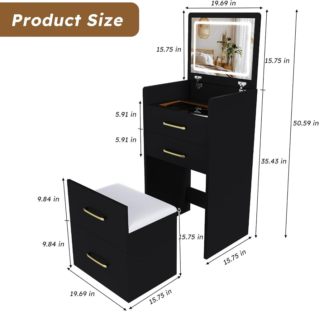 3 in 1 Vanity Desk with Plip Top Mirror and Lights,Small Make Up Vanity Set with Visible Glass Desktop,Compact Makeup Vanity with 3 Drawers,Dressing Table for Bedroom,Black