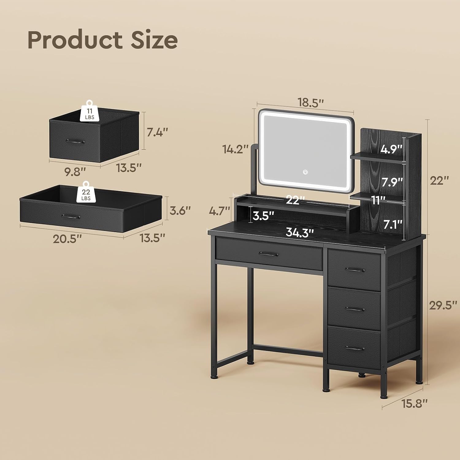 YeTom Vanity Desk with Mirror and Lights, Makeup Vanity Desk with 4 Fabric Drawers & Storage Shelves & Side Table, 3 Color Modes & Adjustable Brightness, Black Vanity, Bedroom Furniture