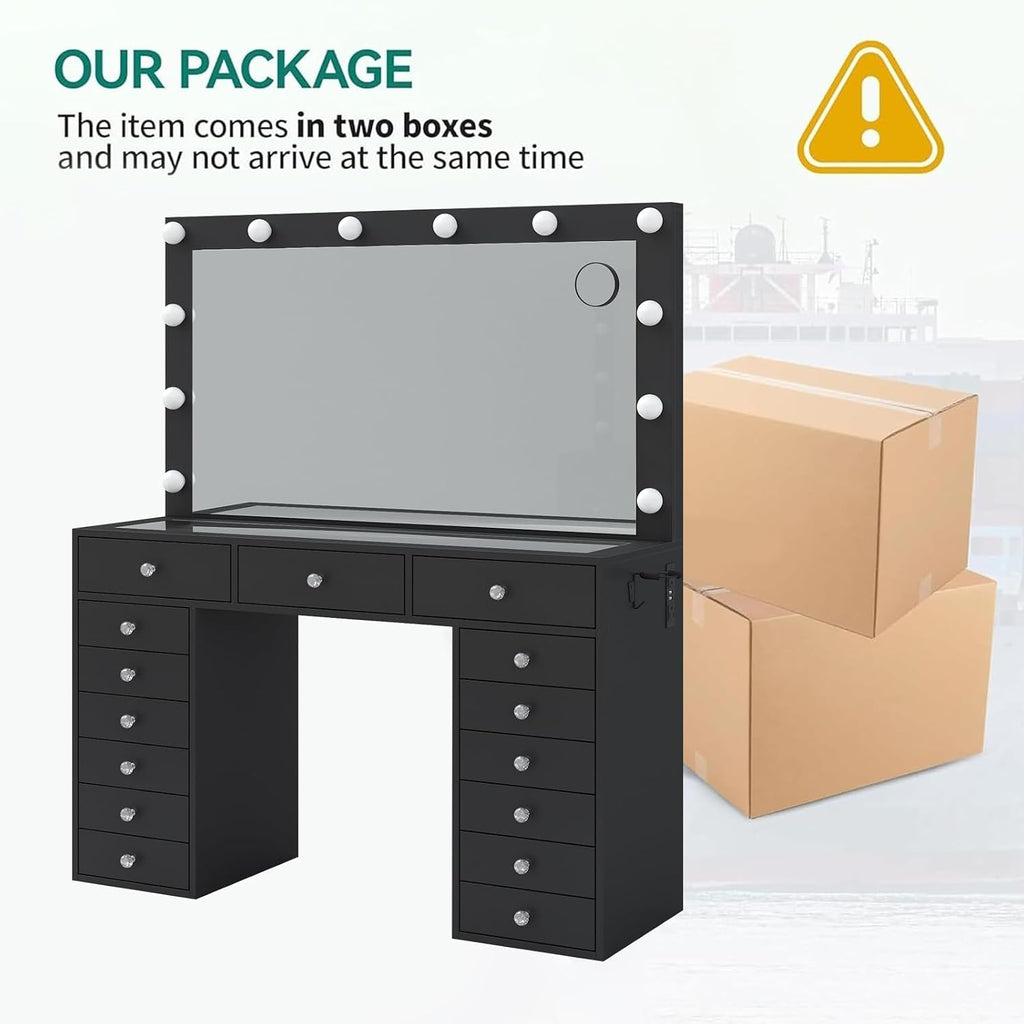 FUSOU 15 Drawers Vanity with Mirror and 12 LED Lights, Makeup Vanity with Charging Station, 3 Color Modes Adjustable Brightness, Glass Top Vanity Desk with Stool for Bedroom, Black
