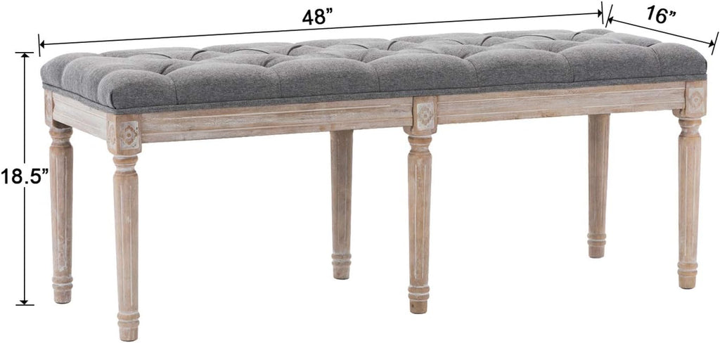 Kmax 45' Upholstered Dining Room Bench, Rustic Living Room Ottoman Bench with Carved Pattern & Rustic White Brushed Rubber Wood Legs, Gray