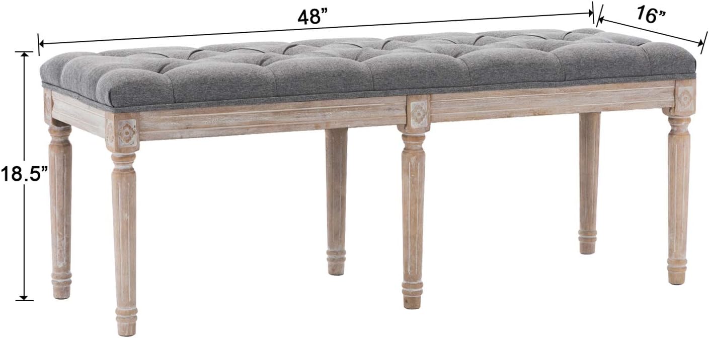 Kmax 45' Upholstered Dining Room Bench, Rustic Living Room Ottoman Bench with Carved Pattern & Rustic White Brushed Rubber Wood Legs, Gray