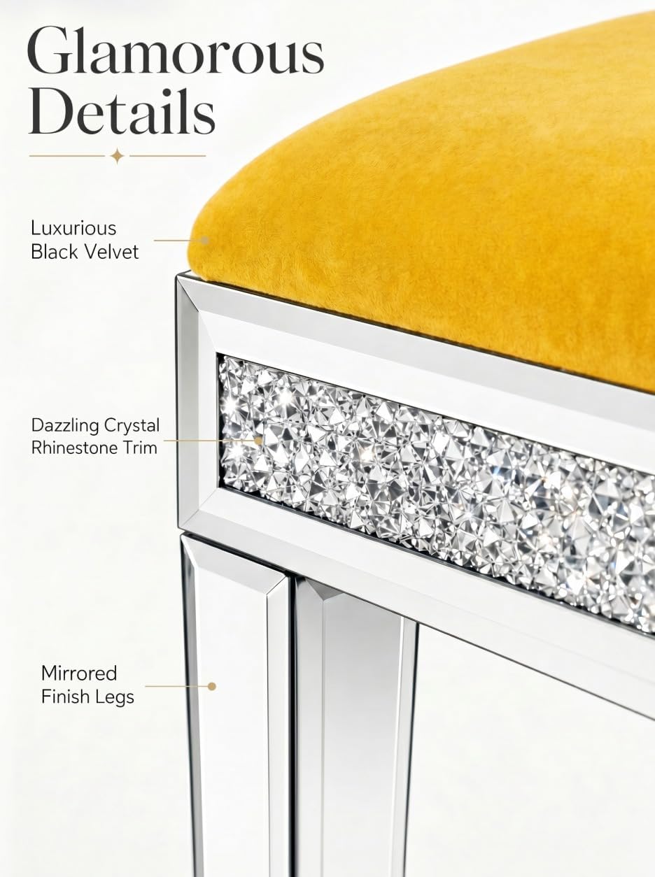 Vanity Stool with Storage – Mirrored Legs, Velvet Cushioned Ottoman, Hidden Compartment, Sparkling Diamond Trim, Glam Makeup Chair & Piano Bench - Silver & Yellow